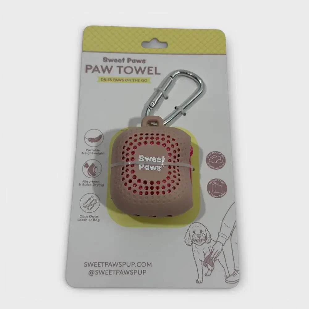 Sweet Paws Pup Paw Towel On the Go Portable Clip Absorbent Microfiber Pink New